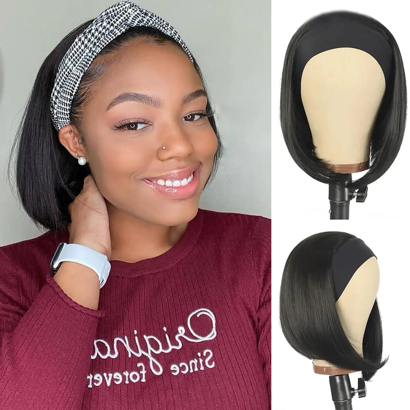 Headband Wig Human Hair For Black Women Bob Wigs Glueless Human Hair Short Bob Headband Wigs for Black Women Straight Bob Human Hair Headband Wigs None Lace Wig Glueless Bob Straight 14 Inch