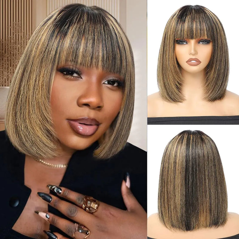 Short Bob Wig with Bangs Human Hair 1B/27# Honey Blonde Highlight Wig 2.5x1 Inch Lace Bob Wig Human Hair 180 Density Layered Cut Bob Wig Wear and Go Glueless Wigs with Bangs 10 Inch