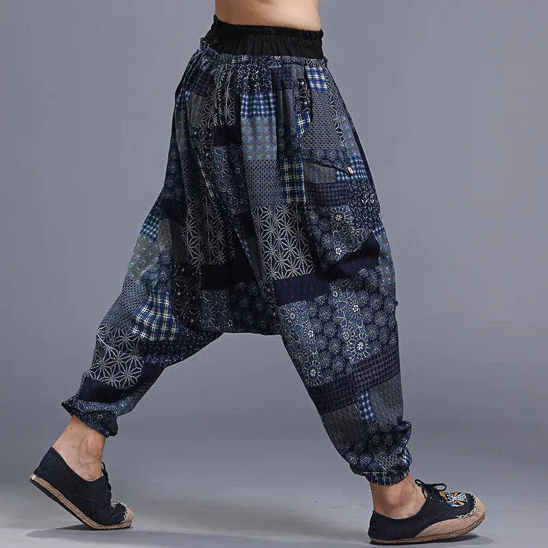 Men's Floral Linen Crotch Pants - Yonago Design