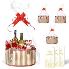 3 Set Baskets for Gifts Empty Large Woven Bamboo Gift Baskets with Handles Sturdy Foldable Empty Gift Baskets to Fill Perfect for Christmas Gift Basket Baby Shower - Included 3 Cellophane Wrap Bags 3 Gift Cards