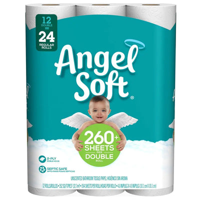 ANGEL SOFT Toilet Paper Bath Tissue 12 Double Rolls 260+ 2-Ply Sheets Per Roll