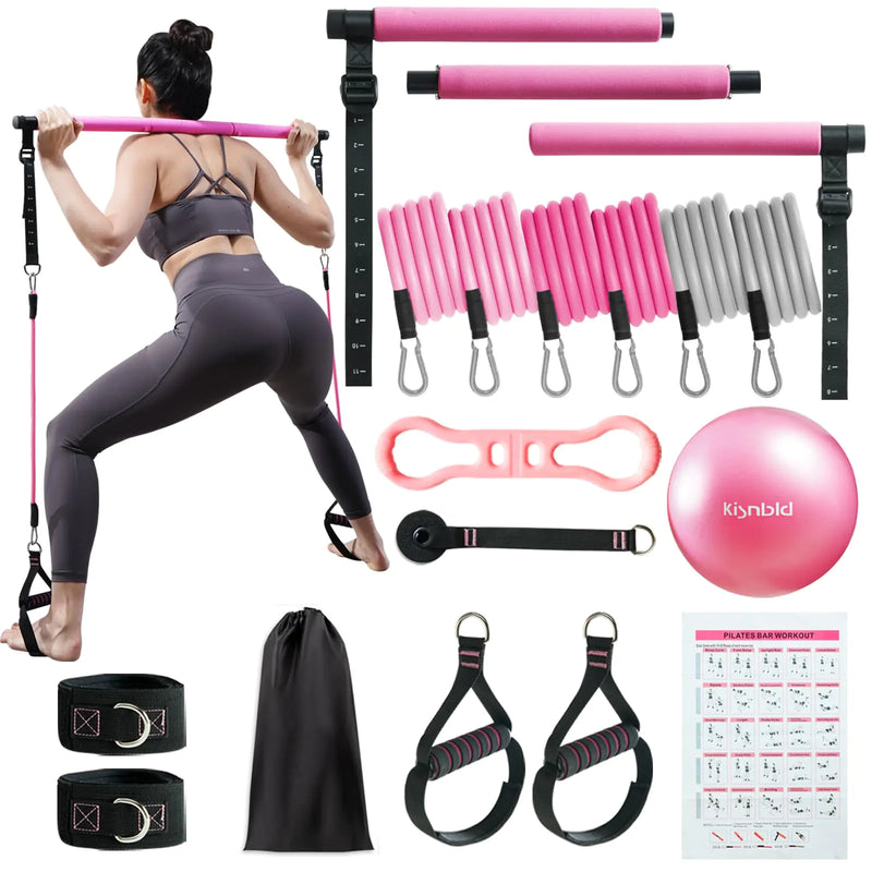 kisnbld Pilates Bar Kit with Resistance Bands Multifunctional Pilates Bar with 3 Set Exercise Resistance Bands Portable Pilates Equipment for Women Home Gym Yoga Workouts